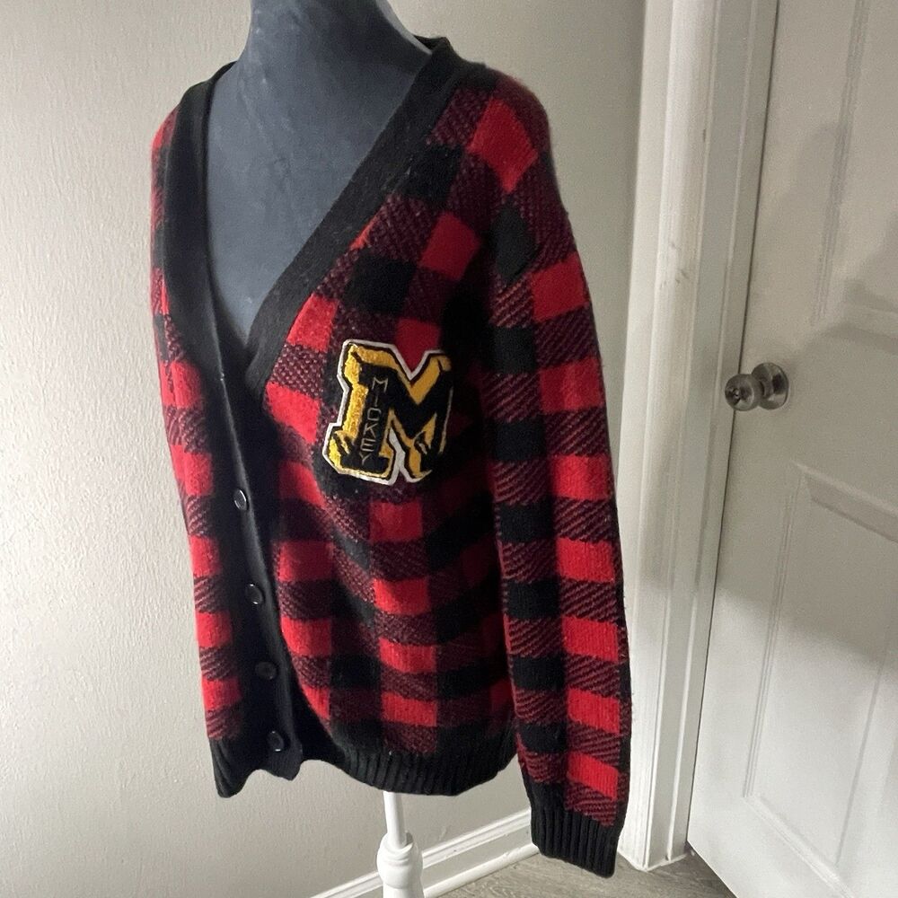 Mickey Mouse Cardigan Sweater Womens Medium Buffalo Plaid Disney Forever 21 Red - Picture 2 of 5